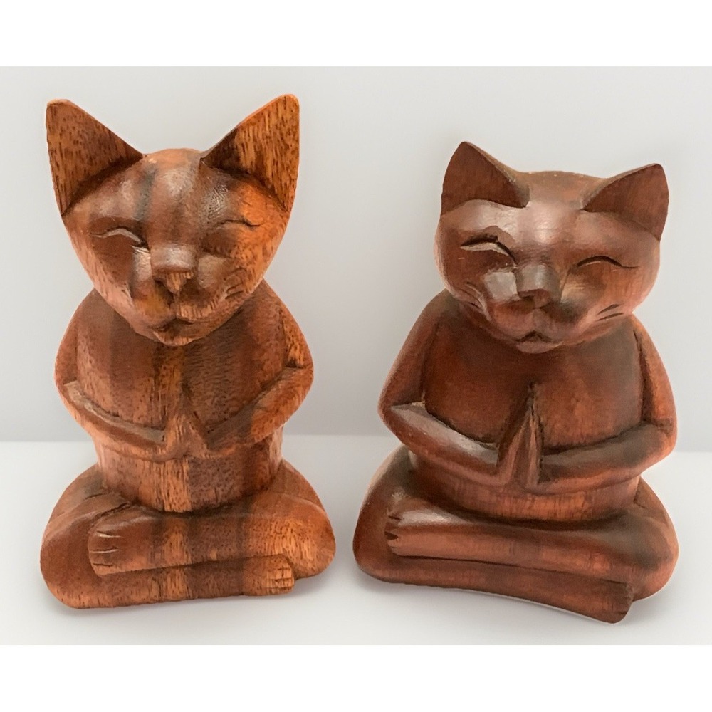 Vintage MCM Cat Figurine Home Decor Yoga Art Studio Zen Spa Retro Boho Wood Set